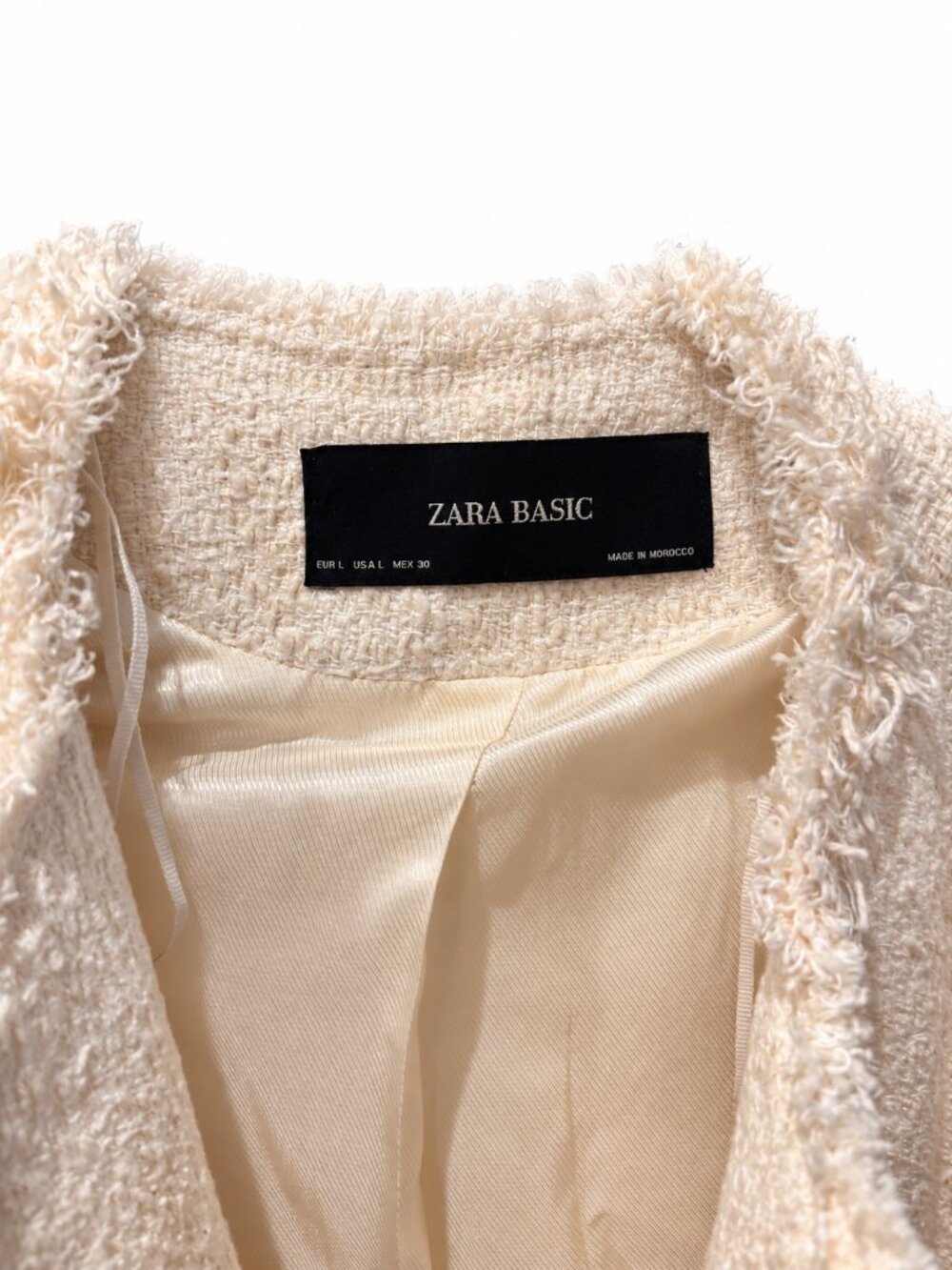 Zara Womens Ivory Cream Tweed Blazer Large Frayed Fringe Trim Lined Jacket - Picture 4 of 4